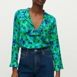 Zara Green Blue Floral Satin Ruffle V Neck Boho Peasant Blouse Silky Chic S
